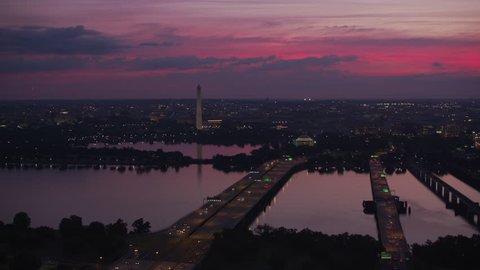 Washington, D.C. circa-2017, Flying over Potomac river bridges with Jefferson Memorial and Washington Monument in distance. Shot with Cineflex and RED Epic-W Helium.