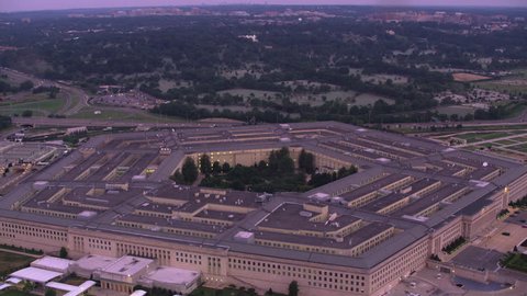 Washington, D.C. circa-2017, Aerial view of Pentagon at sunrise. Shot with Cineflex and RED Epic-W Helium.