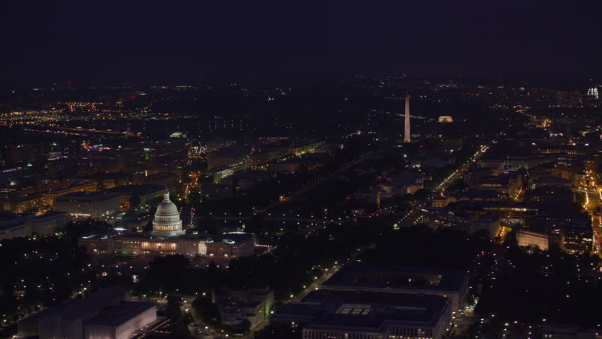 Washington, D.C. circa-2017, Aerial view of the Lincoln Memorial, Washington Monument and Capitol Building at night. Shot with Cineflex and RED Epic-W Helium.