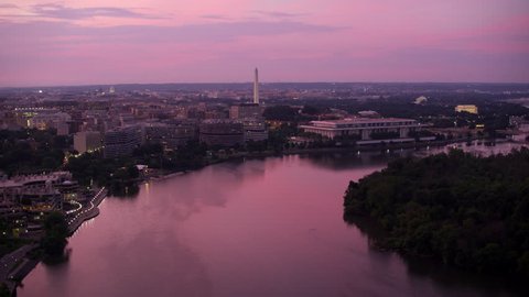 Washington, D.C. circa-2017, flying down Potomac River at sunrise. Shot with Cineflex and RED Epic-W Helium.