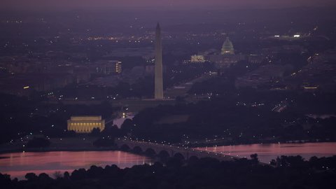 Washington, D.C. circa-2017, Aerial view of the Lincoln Memorial, Washington Monument and Capitol Building at sunrise. Shot with Cineflex and RED Epic-W Helium.