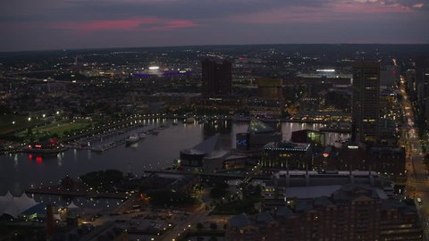 Baltimore, Maryland circa-2017, Aerial view of downtown Baltimore at sunset. Shot with Cineflex and RED Epic-W Helium.