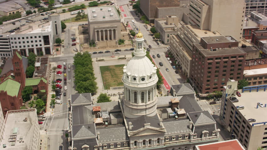 Baltimore, Maryland circa-2017, Aerial view of Baltimore City Hall. Shot with Cineflex and RED Epic-W Helium.