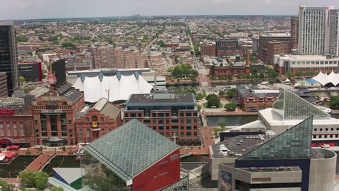 Baltimore, Maryland circa-2017, Aerial view of the Hard Rock Cafe building in Baltimore. Shot with Cineflex and RED Epic-W Helium.