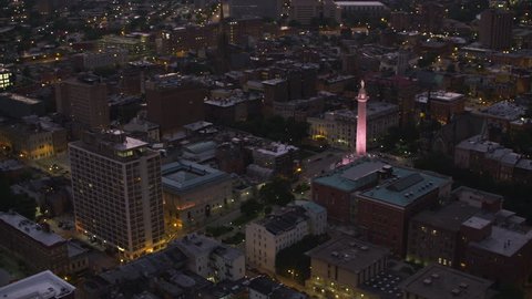 Baltimore, Maryland circa-2017, Washington Monument in downtown Baltimore at night. Shot with Cineflex and RED Epic-W Helium.