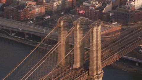 New York City circa-2017, Aerial view of Brooklyn Bridge and Manhattan. Shot with Cineflex and RED Epic-W Helium.