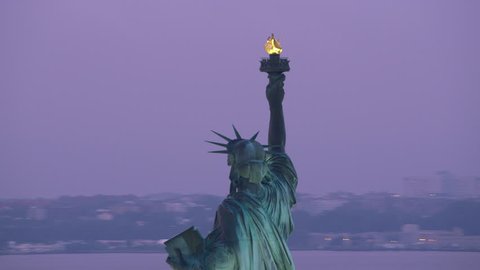 New York City circa-2017, Aerial view of Statue of Liberty with Upper New York Bay in background. Shot with Cineflex and RED Epic-W Helium.