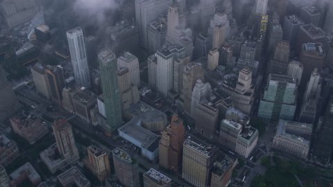 New York City circa-2017, High angle view of lower Manhattan and World Trade Center Memorial. Shot with Cineflex and RED Epic-W Helium.