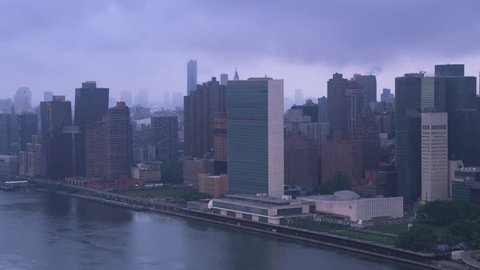 New York City circa-2017, Aerial view of United Nations Secretariat Building in Manhattan. Shot with Cineflex and RED Epic-W Helium.