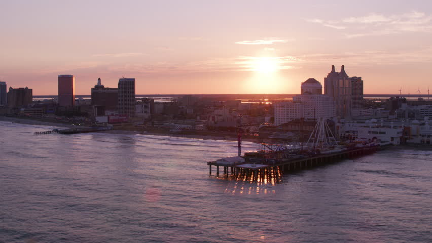 Atlantic City, New Jersey circa-2017, Aerial view of sun setting over Atlantic City. Shot with Cineflex and RED Epic-W Helium.