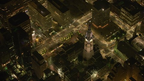 Philadelphia, Pennsylvania circa-2017, Aerial view of Philadelphia City Hall at night. Shot with Cineflex and RED Epic-W Helium.