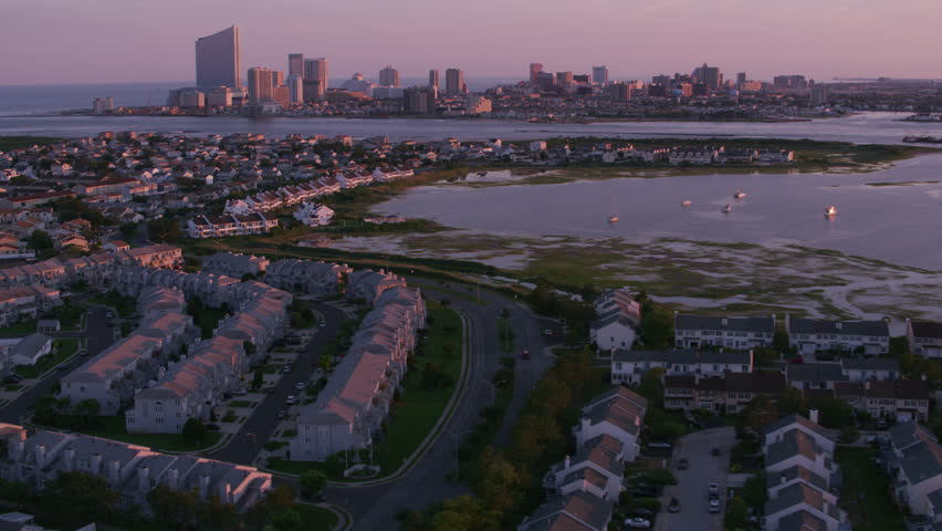 Atlantic City, New Jersey circa-2017, Aerial view of homes with Atlantic City in distance. Shot with Cineflex and RED Epic-W Helium.