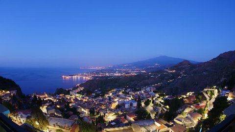 Beautiful Sicily at Dawn (Time Lapse), Italy Landscape of Rolling Hills, Town / City Lights and Mount Etna Volcano, From Taormina (Night to Day), Wide Shot
