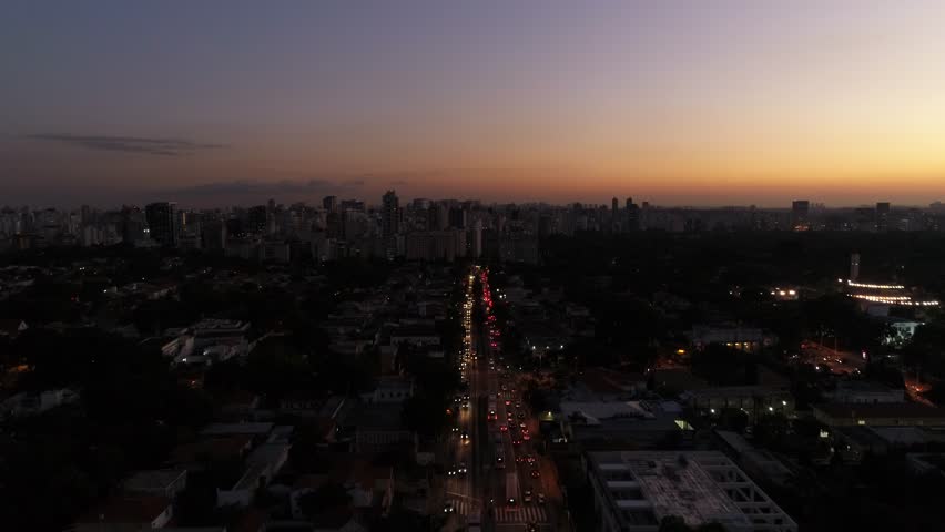 Flying Over Sao Paulo on a Sunset Time, Brazil