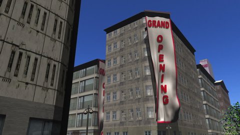 Grand Opening banners unfurl down 3 buildings