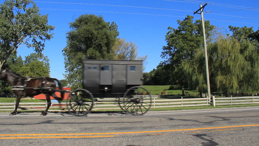 Amish Indiana 1. Two black Amish horse pulled buggies pass by down a highway in