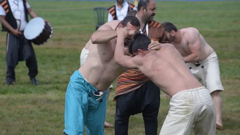 ISTANBUL,TURKEY,May 13,2017:Unidentified aba gurescileri(kuroshio/wrestlers). Aba wrestling is a traditional Turkish wrestling which is also called as Asirtmali Aba Wrestling.