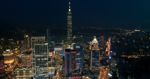 Aerial view of Financial district in Taipei at night, Taiwan