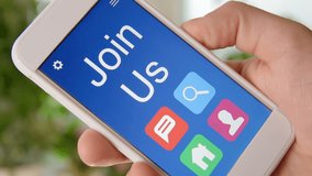 Join us concept application on the smartphone. Man uses mobile app. - Powered by Shutterstock - Get 15% off with code: PIKWIZARD15