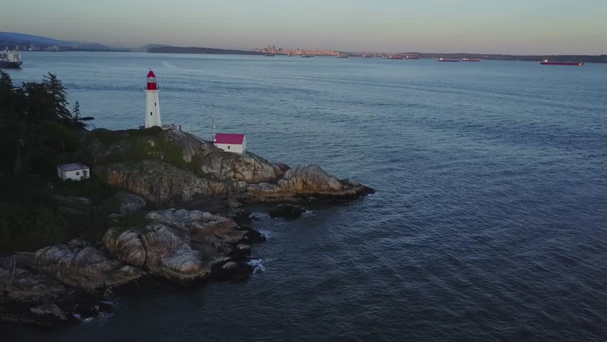 Aerial view of Lighthouse Park in Horseshoe Bay, West Vancouver, British Columbia, Canada. Taken during sunset.