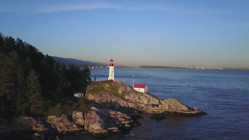 Aerial view of Lighthouse Park in Horseshoe Bay, West Vancouver, British Columbia, Canada. Taken during sunset.