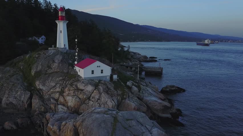 Aerial view of Lighthouse Park in Horseshoe Bay, West Vancouver, British Columbia, Canada. Taken during sunset.