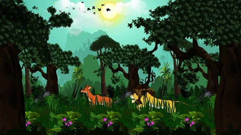 Animated cartoon story. Survival of the fittest. In a jungle.  A deer is grazing. A lion is prowling for a prey to eat. Lion starts chasing the deer. Both start running. One for life one for food. 
