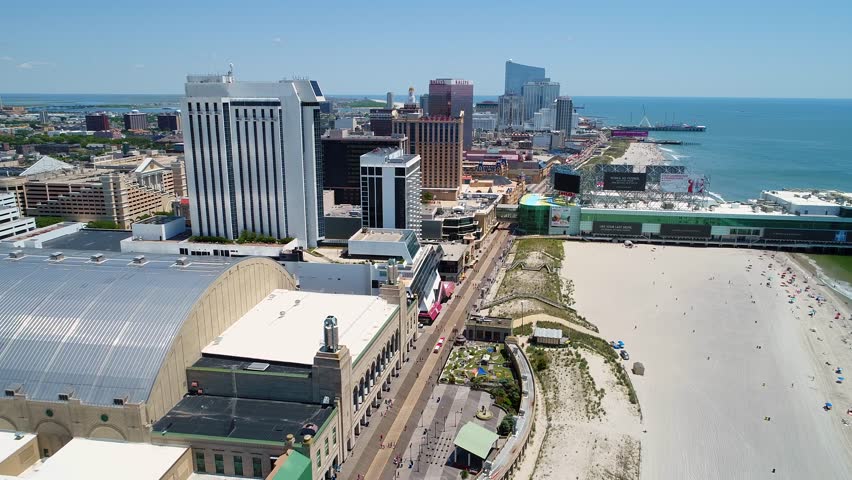 ATLANTIC CITY, NJ, USA - JUNE 28, 2017: Aerial tour Atlantic City boardwalk NJ USA