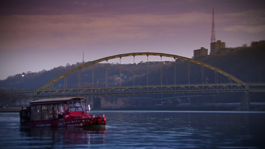 The just Ducky Tour boat travels up the Ohio River.