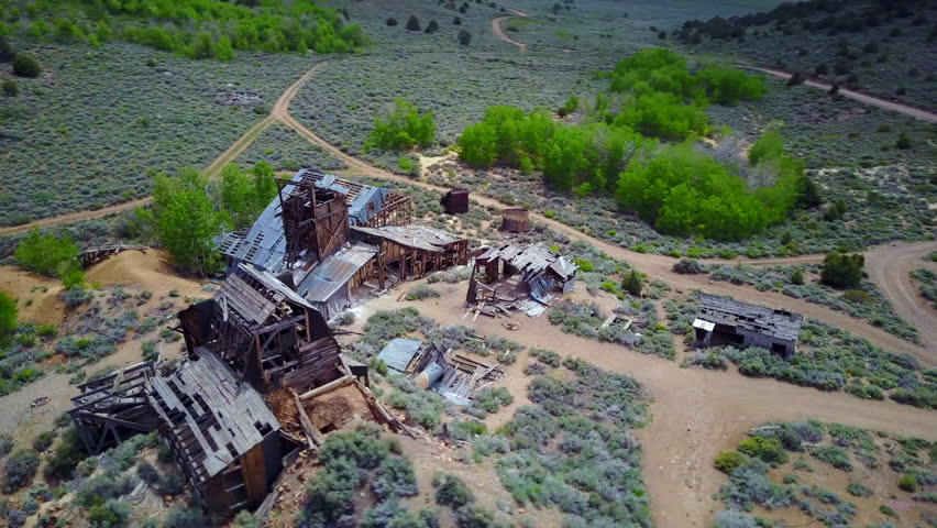 Aerial footage of the Chemung Mine - an old ghost town gold mine/mill in northern California