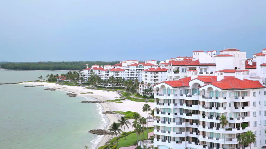 Aerial View of Miami Area, Condo and Beach houses by the ocean, on the beach (