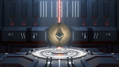 ethereum coin spinning in Sci-fi interior.  
High-quality 4K loopable 3D rendering