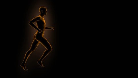Silhouette of a running man on a dark background in side projection 3d render Seamless Loop Animation