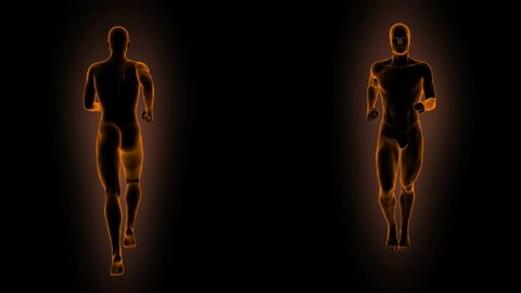 Silhouette of a running man on a dark background in two projections 3d render Seamless Loop Animation