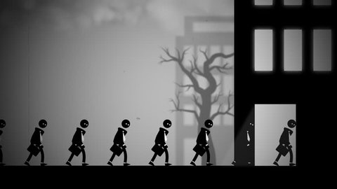 Depressed white-collar workers marching to their daily office jobs. Conceptual animation with a dark, dystopian feel, like George Orwell's 1984 or Metropolis. Seamlessly loopable.