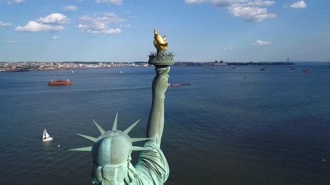 Aerial drone video torch of Statue of LIberty 4k 60p