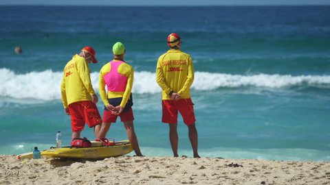 Australian lifeguards on beach - March 2017: Bondi beach, Sydney, Australia
