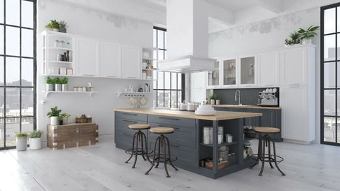 modern nordic kitchen in loft apartment. 3D rendering ஸ்டாக் வீடியோ