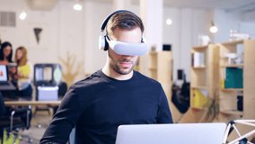 Enveloper Professional Innovative Entrepreneur Wearing Virtual Reality Vr Headset Glasses Future Of Business Sdk Software Engineering Testing Augmented Reality Headset Developing Futuristic Technology