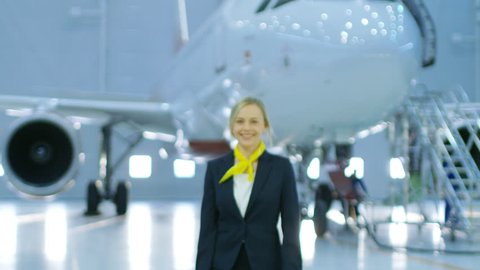 In a Aircraft Maintenance Hangar Young Beautiful Blonde Stewardess/ Flight Attendant Moves on Camera and Smiles Charmingly. In the Background Brand New Airplane is Visible.Shot on RED EPIC-W 8K Camera