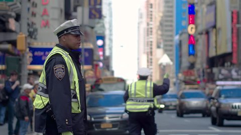 New York, Usa, 05.05.2017. Traffic in Manhattan. Police in New York regulate traffic on the streets of Manhattan