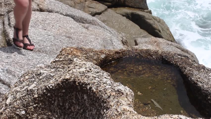 A very hot summer day in the tropics. The girl is on foot. The girl finds fresh rainwater in a stone near the sea. Water from a stone