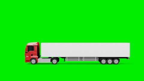 A red truck with a trailer rides from the right to the left with a stop on a green background.