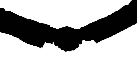 Handshake Two black silhouettes of male hands appear from the opposite sides of the frame and meet in a handshake, against white background