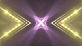 Gold and violet stage lights tunnel. Neon lights background disco floodlight with rays on black background. Movement of lasers. VJ Footage seamless loop. For background fashion show