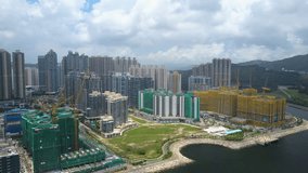 4k aerial video of modern apartments in Hong Kong