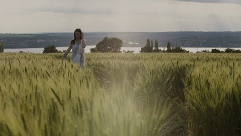 Young girl in the white dress is walking through the field of wheat