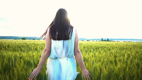 Young girl in the white dress is walking through the field of wheat