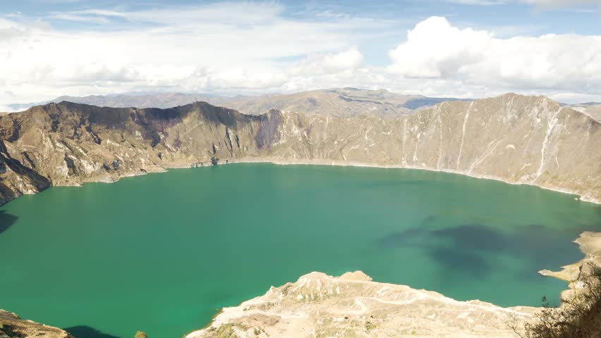 Zoom out time lapse over the Quilotoa crater in Ecuador.The 3 kilometers wide
