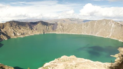 Zoom out time lapse over the Quilotoa crater in Ecuador.The 3 kilometers wide caldera was formed by the collapse of the volcano following a catastrophic eruption about 800 years ago.